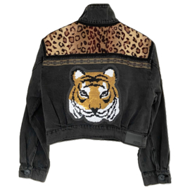 Embellished denim jacket black with big tiger patch and leopard fabric