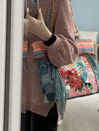 Grote Ibiza tote handtas met bloemenstof oude jeans en franje
