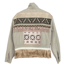 Embellished denim jacket khaki with long fringe and shells