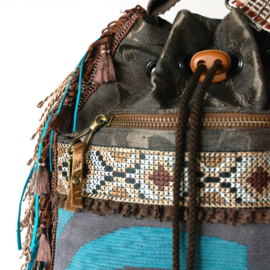Bucket bag boho in brown turquoise with fringe