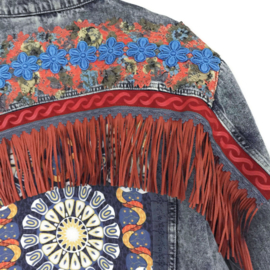 Embellished denim jacket boho orange blue with fringe