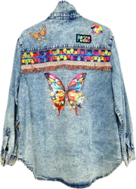 Upcycled denim shirt with butterflies, peace and colored trims