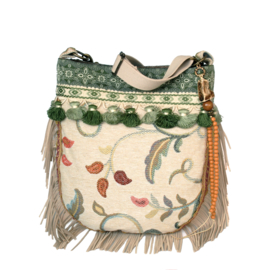 Hippie crossbody bag cream green with fringe