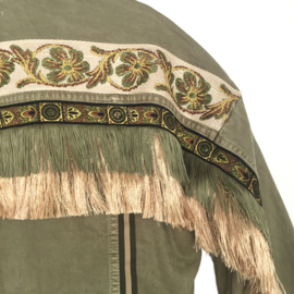 Kaki denim jasje boho western stijl versierd met lange franje
