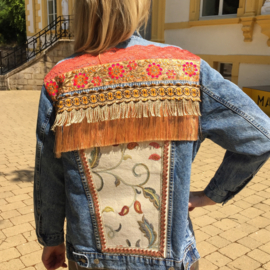 Embellished denim jacket orange peach flowers