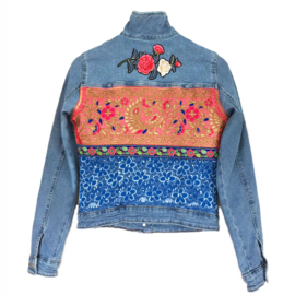 Embellished denim jacket Indian silk flower patch