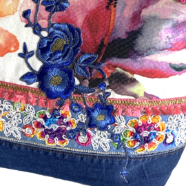 Big Ibiza tote handbag with flower fabric old denim and fringe
