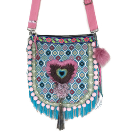 Schoudertas bohemian met hart in turquoise en roze