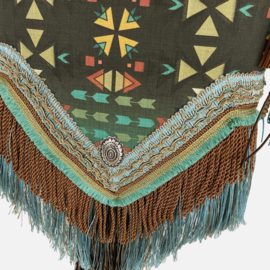Schoudertas met lange franje in Aztec stijl in bruin en turquoise