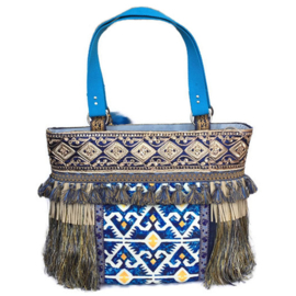 Boho tote handbag blue yellow with fringe and tassels