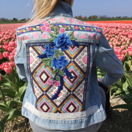 Embellished denim jacket Ibiza style in blue and pink