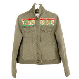 Embellished army green jacket with Balinese fabric and elephant trim
