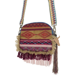 Kleine schoudertas in Aztec stijl rood paars met franje, oude jeans en leer