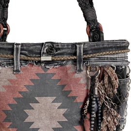 Tote handtas in Navajo stijl in zwart en bruin met oude spijkerstof