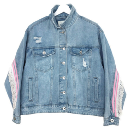 Embellished denim jacket in blue pink with coins and love patch