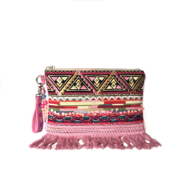 Clutch bohemian stijl oud roze met franje