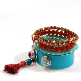 Ibiza boho armband turquoise en rood leer en kralen met Swarovski