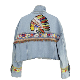 Embellished denim jacket with big Indian patch and flower ribbons