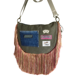 Hippie crossbody bag with flower patch and fringes