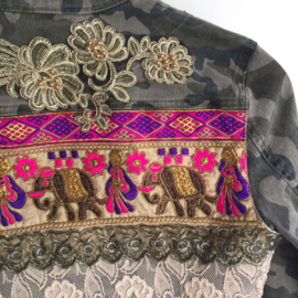 Embellished denim jacket camouflage with elephants