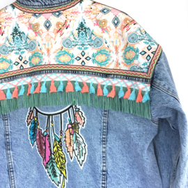 Oversized embellished denim jacket with dreamcatcher in pastels