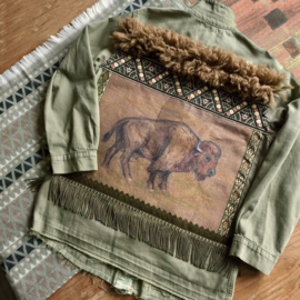 Embellished denim jacket khaki buffalo western style