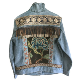 Embellished denim jacket bohemian with flower and fringe