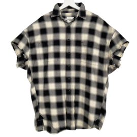 Upcycled Statement Blouse – Black & White Flowers & Purple Fringes