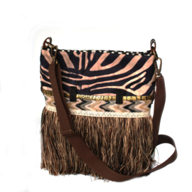 Boho schoudertas met zebraprint en franje bruin