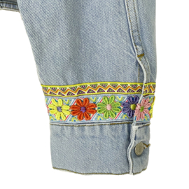 Embellished denim jacket with big Indian patch and flower ribbons