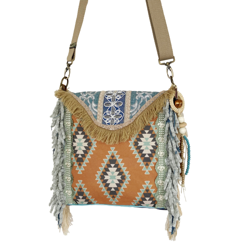 Boho crossbody Navajo style with fringe and old jeans