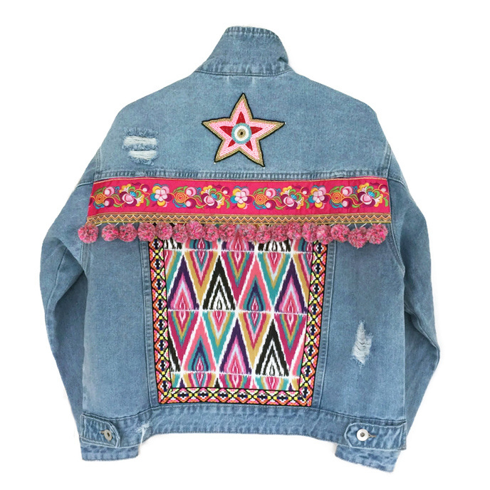 Embellished denim jacket Ibiza with star and pompons