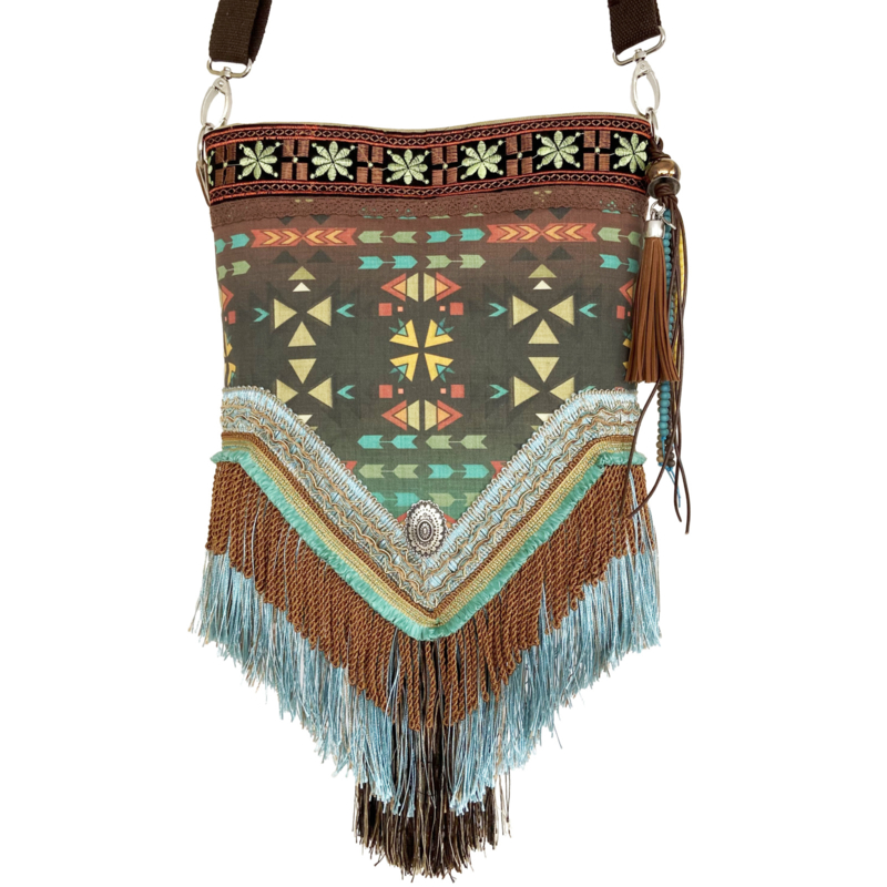 Crossbody with long fringe in Aztec style brown turquoise