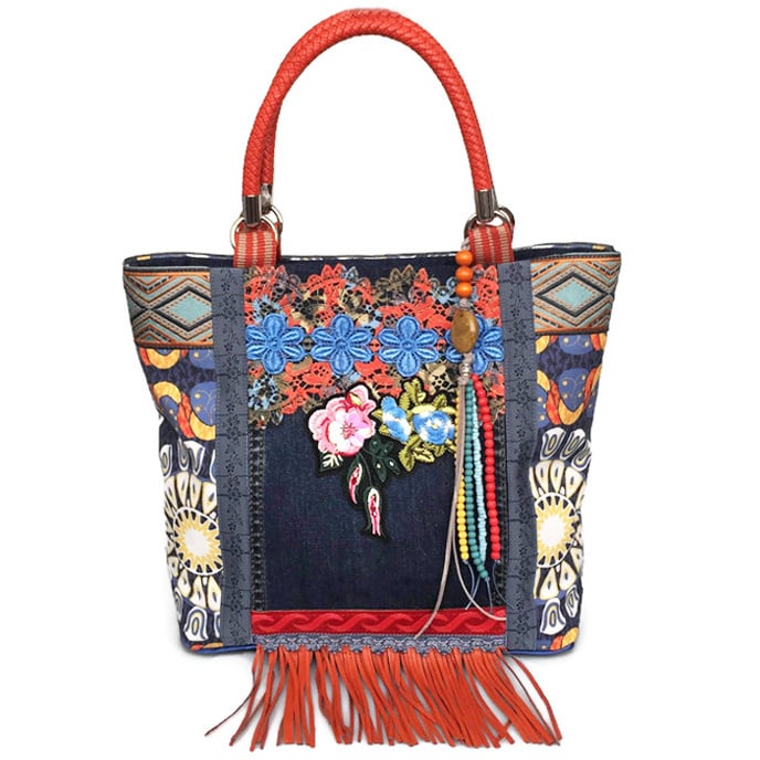 Grote handtas Ibiza stijl blauw oranje bloemen