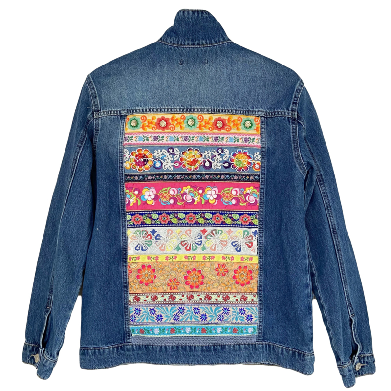 Ibiza denim jacket embellished with colored flower power trims