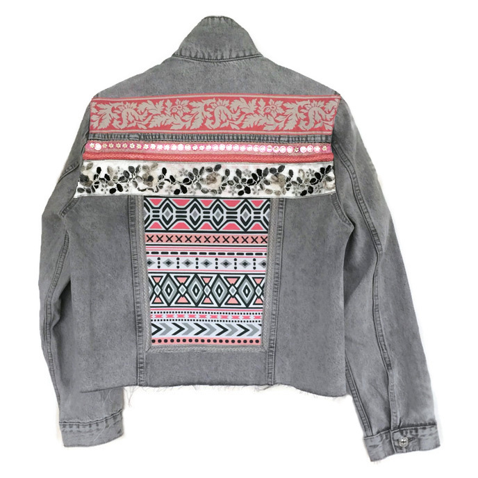 Embellished denim jacket Aztec style light grey with pink