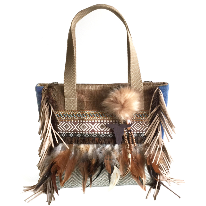 Tote handbag brown Navajo with feathers and fringes