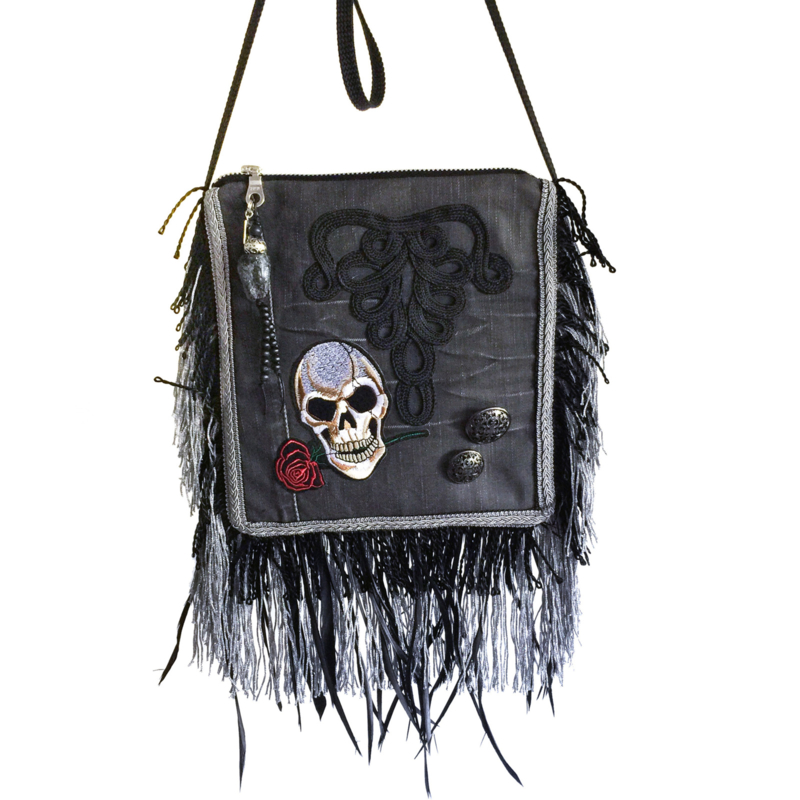 Skull festival purse black with fringe and feathers