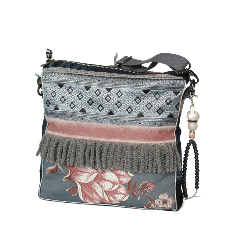 Boho crossbody with flowers in grey and pink
