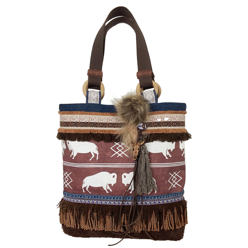 Tote handbag boho western buffalos with brown teddy fur