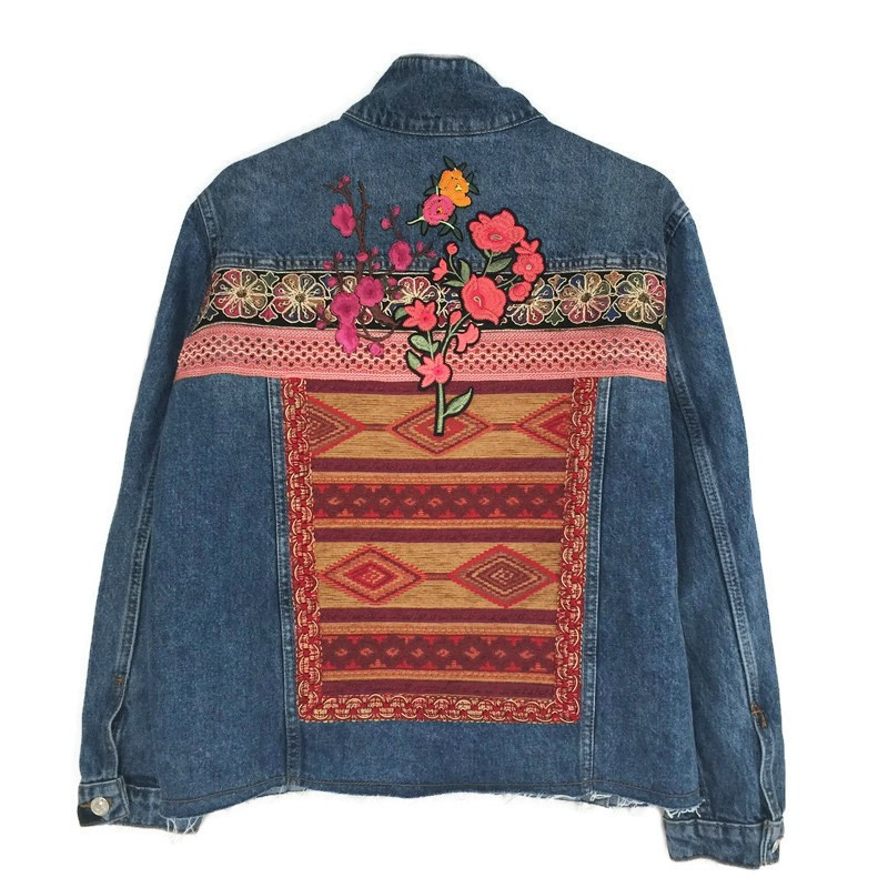 Embellished denim jacket Aztec pattern with flower patches