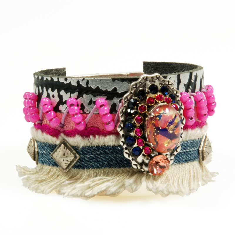 Boho bracelet of leather with old jeans, concho with Swarovski and beads