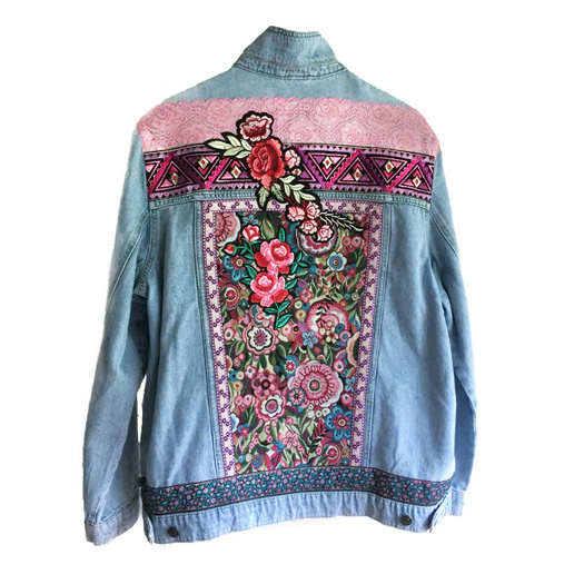 Embellished denim jacket flower power in pink | Catena