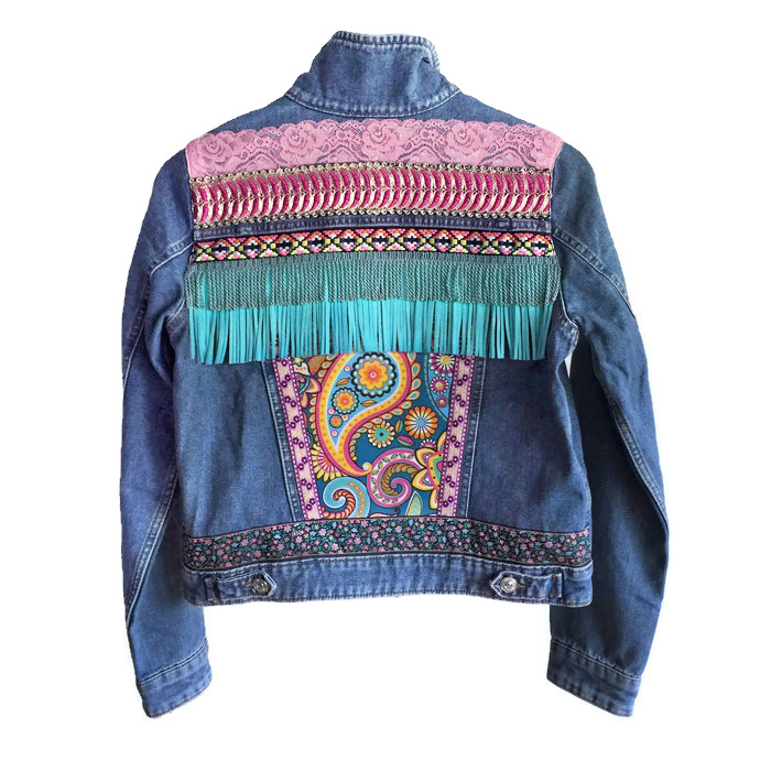 Embellished denim jacket colored Ibiza style paisley print