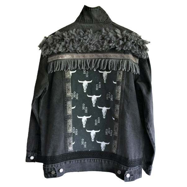 Embellished denim jacket black with bull heads