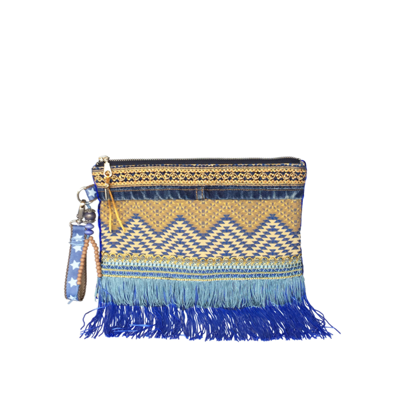 Boho clutch in blue and ocher yellow with fringe