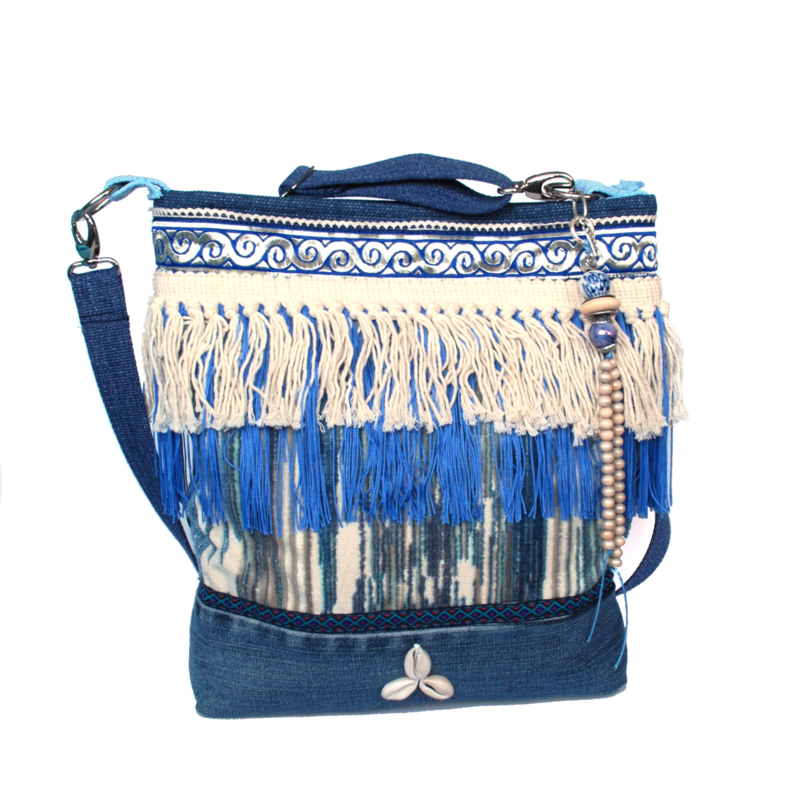 Crossbody blue white beach style with fringes
