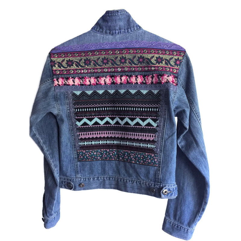 Embellished denim jacket Aztec Indian trim | Catena