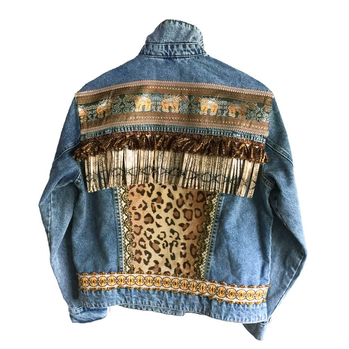Embellished denim jacket with elephants and leopard print
