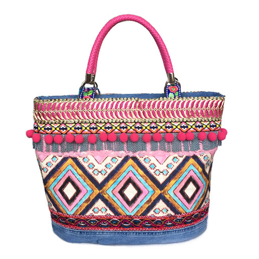 Ibiza tote handbag pink blue with pompons | Catena Bags